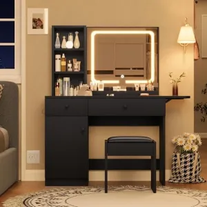 Vanity Desk with Mirror and LED Light, Makeup Vanity Desk with Drawers and Open Shelf and Storage Cabinet, Vanity Set with Faux Leather Stool in Black