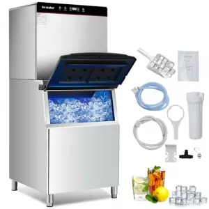 Commercial Ice Maker Machine, 550lbs/24H Ice Production, Business Water-Cooled Ice Machine, 400lbs Storage, Stainless Steel Ice Maker for Bar/Restaurants/Coffee Shop
