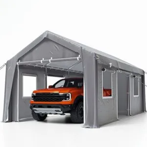 13'x20' Portable Garage, Heavy Duty Car Port Canopy with Reinforced Steel Poles, 4 Roll-Up Doors & Ventilated Windows, Silver Grey