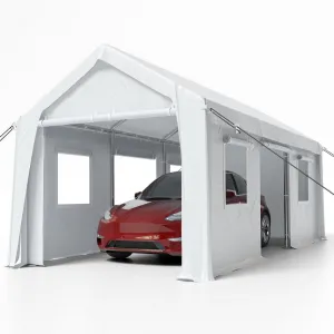 10' X 20' Heavy Duty Portable Garage, 1.0 mm Steel Poles & 180 g PE Waterproof Canopy, Front & Rear Doors, 2 Side Doors, 4 Windows, White