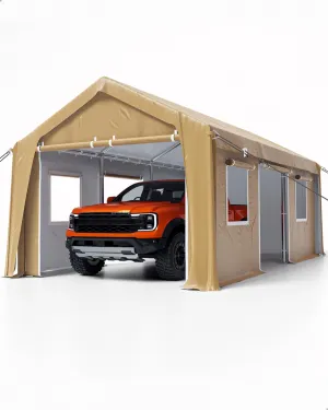 13'x20' Heavy Duty Portable Garage, 1.0 mm Steel Poles & 180 g PE Waterproof Canopy, Front & Rear Doors, 2 Side Doors, 4 Windows, Khaki