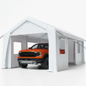 13'x20' Heavy Duty Portable Garage, 1.0 mm Steel Poles & 180 g PE Waterproof Canopy, Front & Rear Doors, 2 Side Doors, 4 Windows, White