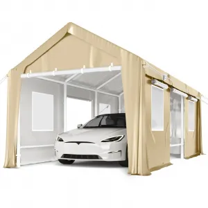 13'x20' Windproof Portable Garage, Anti-High Wind Shelter with Front & Rear Doors for Pickup, Boat, and Equipment, Khaki