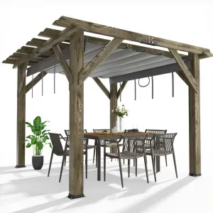 10'x10' Wood Pergola with Retractable Canopy - Outdoor Garden & Deck Structure, Solid Build (Charcoal Grey)