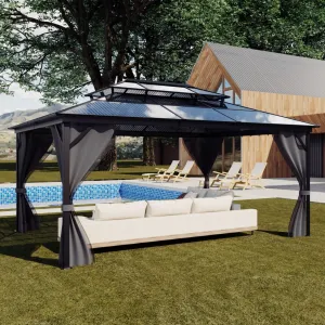 12'x16' Permanent Hardtop Gazebo - Double Polycarbonate Roof & Aluminum Frame w/ Net & Curtain for Patio & Backyard (Grey)