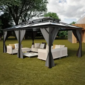 Hardtop Gazebo 12'x20' Double Polycarbonate Roof Aluminum Alloy Frame Curtains & Net Gray Patio Deck Backyard