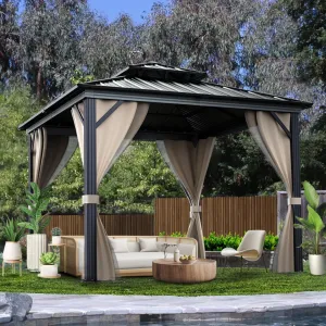 10'x10' Hardtop Gazebo with Double Metal Roof Aluminum Frame, Net & Curtain, All-Weather Patio Shelter for Deck, Garden & Backyard, Khaki