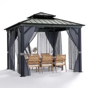 12x12 Hardtop Gazebo - Steel/Aluminum Frame, Double Roof w/ Netting & Curtains for Outdoor Living (Grey)