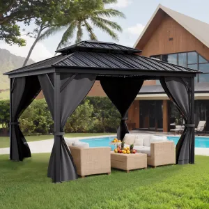 10'x14' Hardtop Gazebo, All-Weather Double Metal Roof & Aluminum Frame, Mosquito-Proof Net/Curtains for Patio/Backyard, Grey
