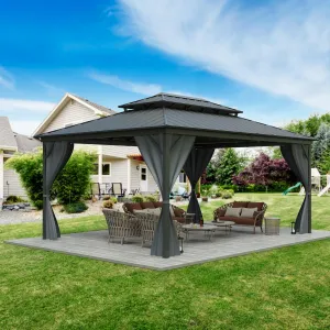 12'x16' All-Weather Hardtop Gazebo - Double Metal Roof & Aluminum Frame with Net & Curtain for Patio, Deck & Backyard (Grey)