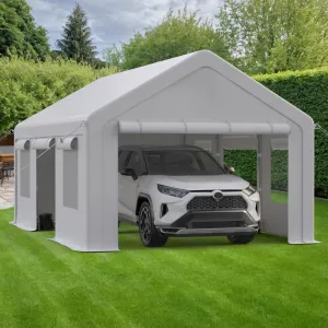 Heavy Duty 12x20 FT Carport Canopy, Portable Outdoor Garage with 4 Roll-Up Doors, 4 Windows, Reinforced Steel Poles, Waterproof UV-Resistant Removable Sidewalls – All-Season Storage Shelter for Car, Truck, Boat, White