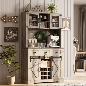 Farmhouse 72" Kitchen Pantry Cabinet with Sliding Barn Door, Microwave Stand and 3 Drawers, Washed Grey