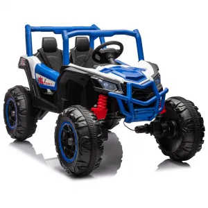 2 Seater Ride on Car for Kids, 24V Powered Electric Off-Road UTV Ride Toy, 4WD Electric Vehicle with Remote Control, LED Lights, Bluetooth, 3 Speeds, Horn, 2 Spring Suspension (Blue)