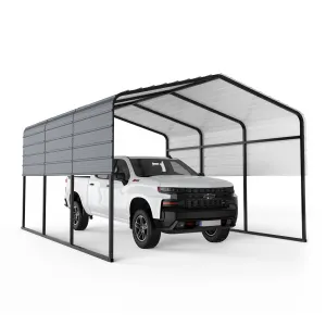 13'x16' Metal Carport with Heavy Duty Galvanized Steel Roof and Reinforced All-Metal Frame, Permanent Shelter for Agricultural Machinery, Cars, Boats, Grey