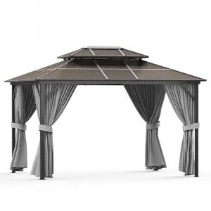 10'x13' Hardtop Gazebo - Double Polycarbonate Roof & Aluminum Frame w/ Net & Curtain for Patio, Deck & Backyard (Grey)