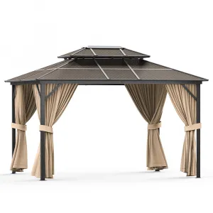 10'x13' Hardtop Gazebo - Aluminum Frame Double Roof with Mesh Netting for Patio, Lawn & Deck (Fits 8 People, Khaki)