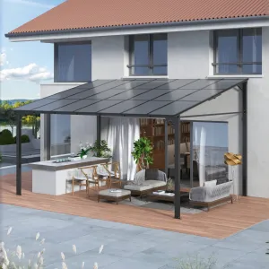 12'x14' Lean To Gazebo Hardtop Wall Pergola with Polycarbonate Roof for Lawn Patio Deck and Party Space Efficient Aluminum Frame Grey