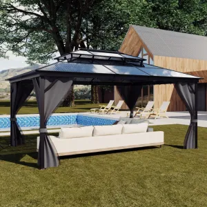 10 x 12 FT Hardtop Gazebo Polycarbonate Double Roof Aluminum Alloy Frame Netting Curtains Gray Patio Backyard