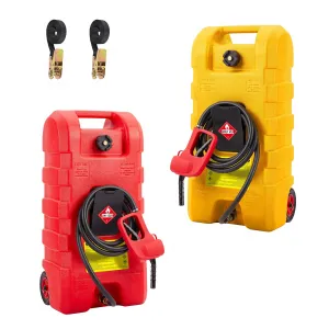2-Pack 15 Gallon Portable Fuel Caddy with Manual Pump - Heavy-Duty Fuel Transfer Tank with Storage Toolbox, 10FT Delivery Hose, Mobile Gas Caddy for Cars, Lawn Mowers, and Boats, Yellow + Red