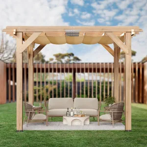 10x10 FT Cedar Wood Pergola with Retractable Oxford Fabric Roof, Durable Waterproof Patio Gazebo, Easy Assembly, Outdoor Garden