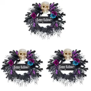 3 Pack Halloween Wreath for Front Door, 22" Halloween Skull Wreath with Lights, Spooky Halloween Wreaths with Black, Blue, Purple Flowers, Indoor/Covered Outdoor Halloween Props Decoration