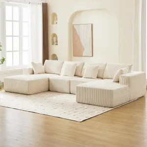 137" Modular Sectional Sofa Cloud-Like Four-Seater U-Shaped Couch with Chaise Lounge Convertible Compression Sleeper No Assembly Required Corduroy Fabric for Living Room Bedroom Apartment