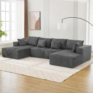 137" Modular Sectional Sofa Cloud-Like Four-Seater U-Shaped Couch with Chaise Lounge Convertible Compression Sleeper No Assembly Required Corduroy Fabric for Living Room Bedroom Apartment