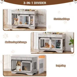 2 Pack Spacious Double Dog Crate Furniture, 47" Large Dog Kennel, Removable Divider, 2 Storage Drawers, Chew-Resistant, Triple Door End Table for Small/Medium/Large Dogs, Gray