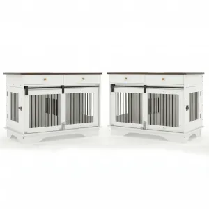 2 Pack Spacious Double Dog Crate Furniture, 47" Large Dog Kennel, Removable Divider, 2 Storage Drawers, Chew-Resistant, Triple Door End Table for Large Dogs, White+Brown Table Top