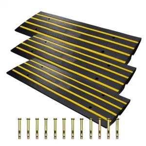 3 Pack Recycled Rubber Curb Ramps for Driveway - Heavy Duty 110,000 lbs Load, Non-Slip Surface - Cable Channel, Reflective Stripes - 48"x15.9"x2.4" - Garage, Wheelchair Access