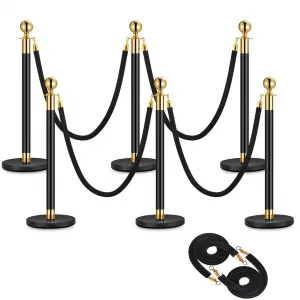 6Pack Stanchions with 5FT Black Ropes, Crowd Control Barrier for Theaters, Clubs, Hotels, Museums, Exhibition, Black, Fillable Plastic Base