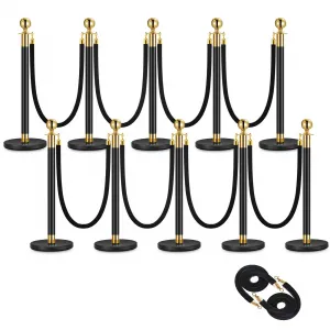 10Pack Stanchions with 5FT Black Ropes, Crowd Control Barrier, Black, Fillable Plastic Base, Theaters Clubs Hotels Museums Exhibition