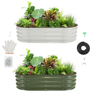 Durable Galvanized Metal Raised Garden Bed, 6x3x1Ft Oval Planter Box with Open Base - Ideal for Vegetables, Flowers, Herbs & Fruits - Outdoor Planting Container - White+Green Color