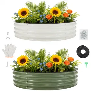 Durable Galvanized Metal Raised Garden Bed 4x4x1Ft – Oval Planter Box with Open Base – Ideal for Vegetables, Flowers, Herbs & Fruits – Outdoor Planting Pot – White+Green Color