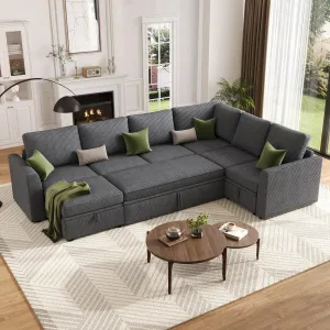 Sectional Sleeper Couch with Pull Out Sofa Bed, Corduroy Modular Sectional Sofa L Shaped 5-7 Seat Couch with Storage Seat & Ottoman, Convertible Couches for Living Room, Gray