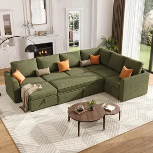 Corduroy Modular Sectional Sofa with Pull Out Sofa Bed, Sectional Sleeper Couch L Shaped 5-7 Seat Couch with Storage Seat & Ottoman, Convertible Couches for Living Room, Green