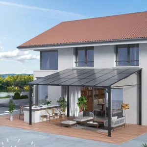 10'x 14' Lean to Gazebo, Hardtop Wall Pergola with Polycarbonate Roof, Aluminum Frame Mounted Gazebo for Lawn Patio Deck Yard and Party