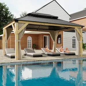 12x16FT Hardtop Gazebo Solid Spruce Frame Aluminum Double Roof Curtains Netting Outdoor Garden Patio Lawn Parties