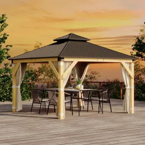 12' x 12' Hardtop Wooden Gazebo with Solid Spruce Frame, Aluminum Double Roof, Curtains & Netting, Outdoor Garden Patio Lawn Party
