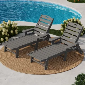 HDPE 5-Position Adjustable Lounge Chair with Cup Holder & Rolling Wheels, Resin, Outdoor Poolside Patio Lounger