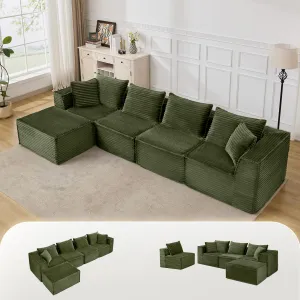 137" Modular Sectional Sofa, Modern Cloud Sectional Couch with Deep Seat, L-Shape Boneless Couch with Chaise for Living Room Apartments, No Assembly Required (4 Seater + 1 Ottoman), Green