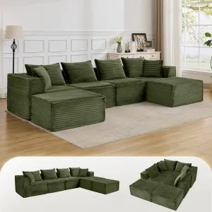 137" Modular Sectional Sofa, Modern Cloud Sectional Couch with Deep Seat, L-Shape Boneless Couch with Chaise for Living Room Apartments, No Assembly Required (4 Seater + 2 Ottoman), Green