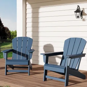 Adirondack Chair Set of 2 HDPE Plastic Oversize 380LB Weather Resistant Poly Lumber Wood Texture Navy Blue Outdoor Patio Deck Pool