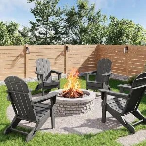 Folding Adirondack Chairs Set of 4 HDPE Plastic Weather Resistant 380Lbs Capacity Wood Texture Gray for Patio Fire Pit Deck