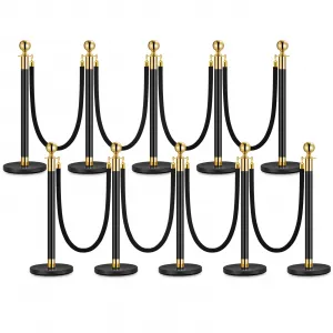 10PCS Stanchion Posts Queue with Black Velvet Rope, Crowd Control Barriers for Events, 5 ft Black Carpet Ropes, Gold & Black