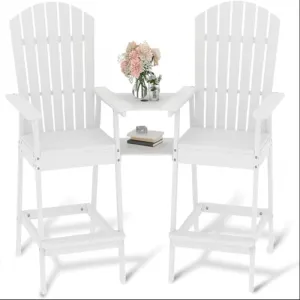 Outdoor Adirondack Barstools with Connecting Tray, High Back & Built-in Footrest, Solid Wood, Removable Tray & Umbrella Hole, Set of 4, Perfect for Deck & Patio