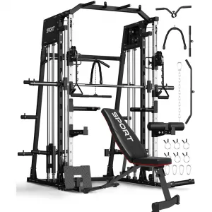 Smith Machines Home Gym with Bench, Squat Rack, Dual LAT Pull-Down Systems & Cable Crossover for Full-Body Workouts, Adjustable, Black