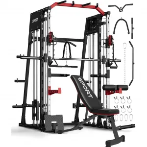 All-in-One Smith Machine Home Gym – Power Rack, Squat Cage, Dual Lat Pulldown, Cable Crossover & Adjustable Bench – Compact Full-Body Strength Trainer, Red & Black