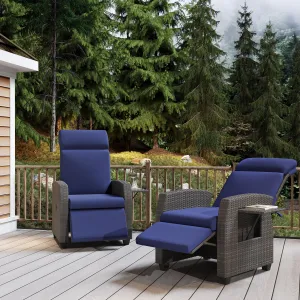 Outdoor Recliner Chair with Adjustable Backrest & Footrest, PE Wicker, Flip-Up Table, Rust-Resistant Steel Frame, Cushioned Seat, Patio Lounge
