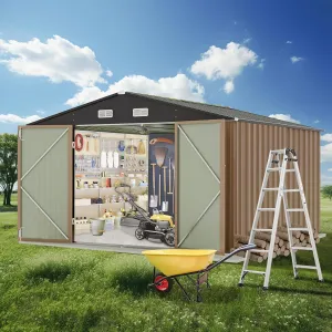 12x10 FT Outdoor Storage Shed Galvanized Steel Lockable Doors Ventilated Sloped Roof Easy Assembly Patio Garden Backyard